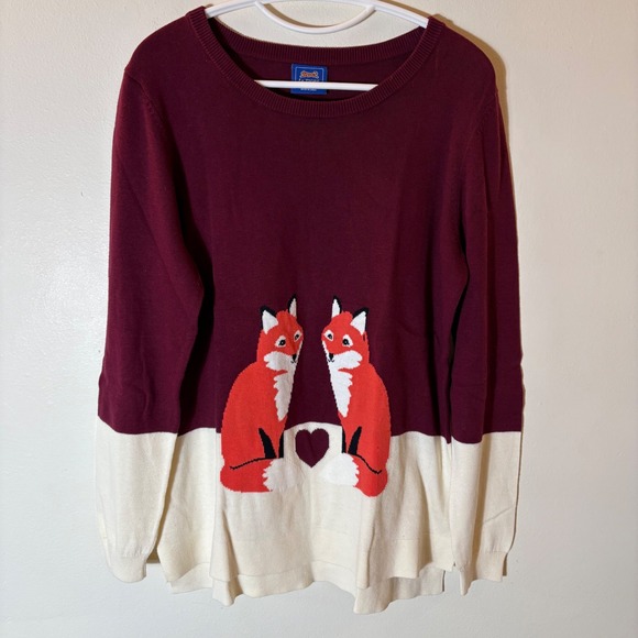 Le Tigre Sweaters - Le Tigre Womens Fox Heart Intarsia Knit Sweater Burgundy Cream Cotton Large